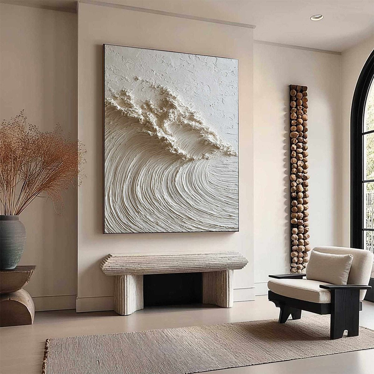 White Wave hand-painted white and soft beige textured ocean wave painting shown with silver frame