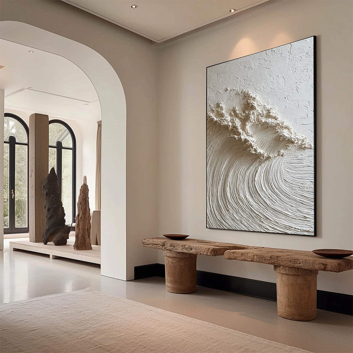 White Wave hand-painted white and soft beige textured ocean wave painting shown with gold frame