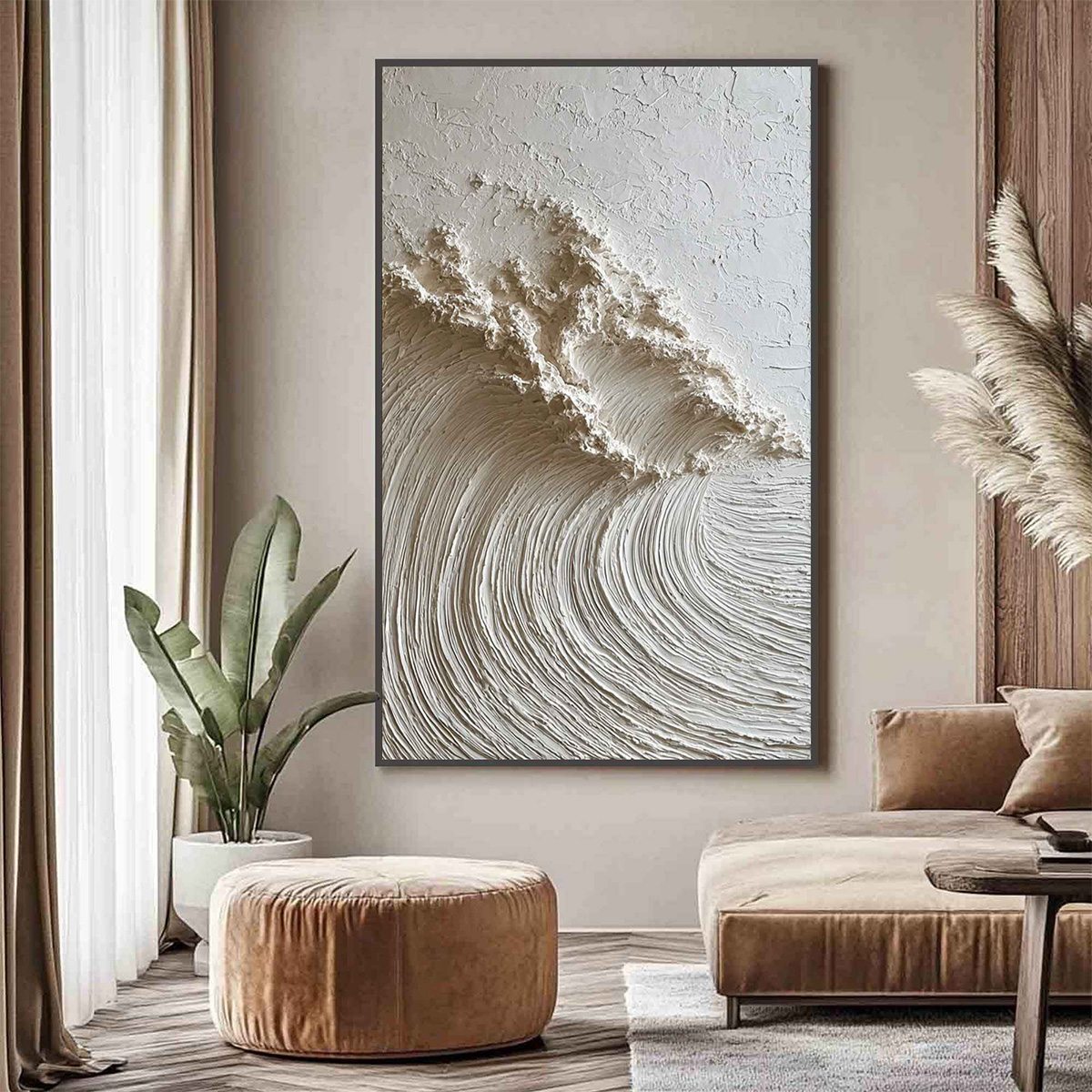 White Wave hand-painted white and soft beige textured ocean wave painting shown with white frame