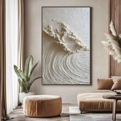 White Wave hand-painted white and soft beige textured ocean wave painting shown with white frame