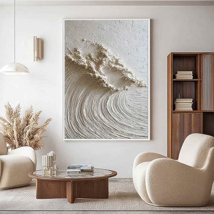 White Wave hand-painted white and soft beige textured ocean wave painting shown with wood frame