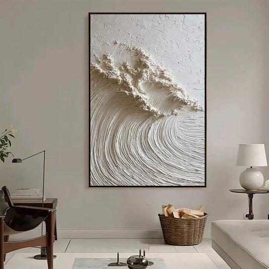White Wave hand-painted white and soft beige textured ocean wave painting shown as stretched canvas