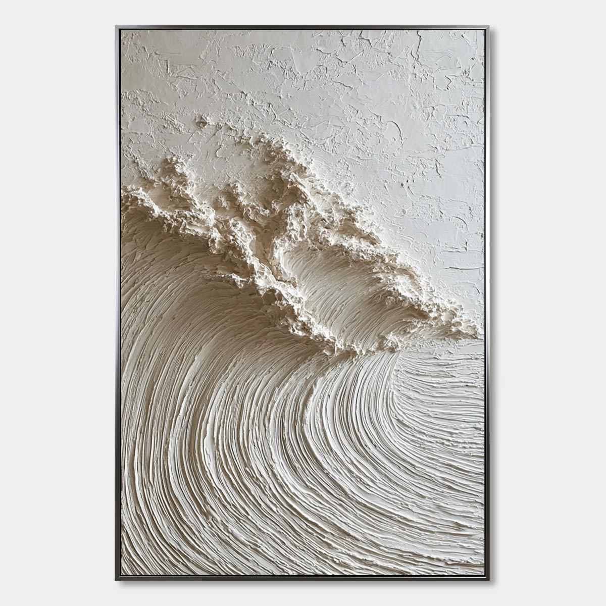 White Wave hand-painted white and soft beige textured ocean wave painting rolled canvas option