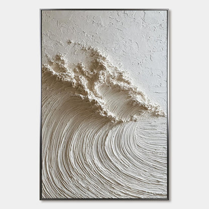 White Wave hand-painted white and soft beige textured ocean wave painting rolled canvas option