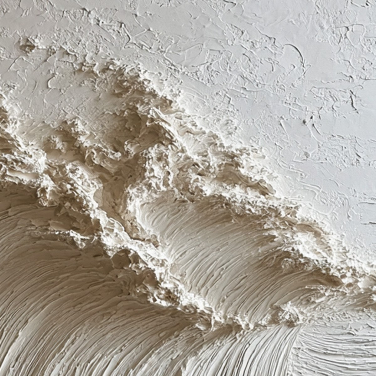 White Wave hand-painted white and soft beige textured ocean wave painting shown with black frame