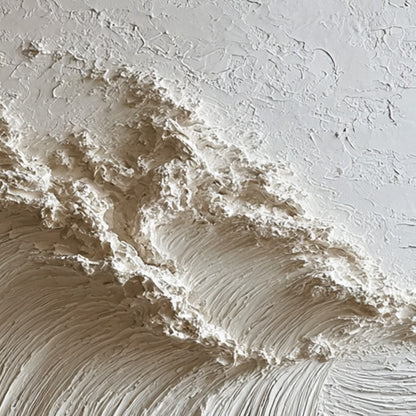 White Wave hand-painted white and soft beige textured ocean wave painting shown with black frame