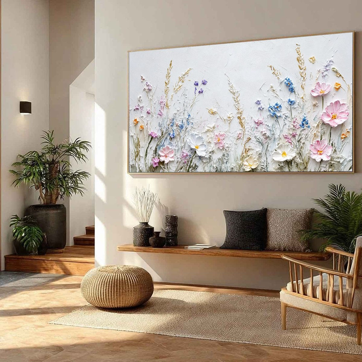 Sky Blue and Blush Wildflower Palette Knife Painting – Wildflower Serenade