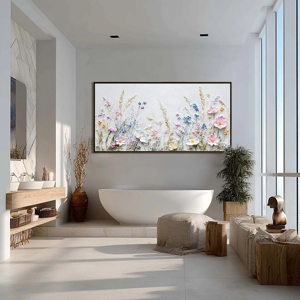Sky Blue and Blush Wildflower Palette Knife Painting – Wildflower Serenade