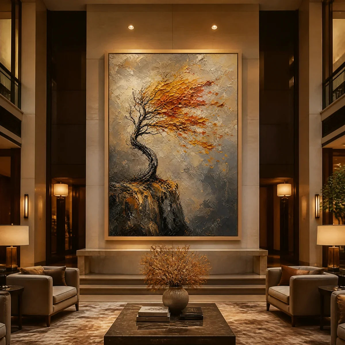 Windfall Tree hand-painted burnt orange, golden yellow and crimson textured tree painting