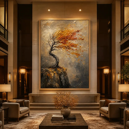 Windfall Tree hand-painted burnt orange, golden yellow and crimson textured tree painting