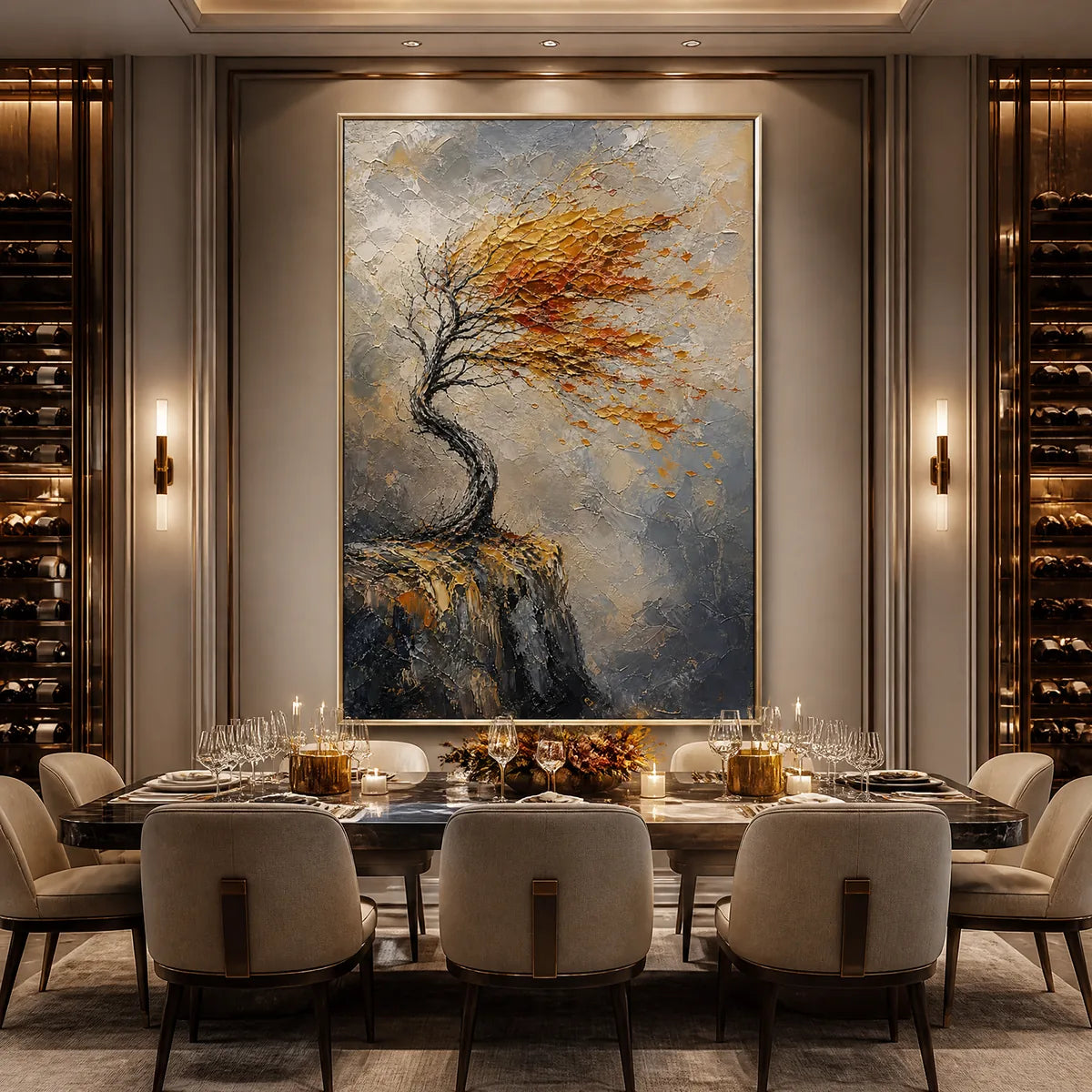 Windfall Tree hand-painted burnt orange, golden yellow and crimson textured tree painting