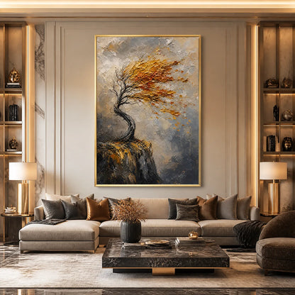 Windfall Tree hand-painted burnt orange, golden yellow and crimson textured tree painting