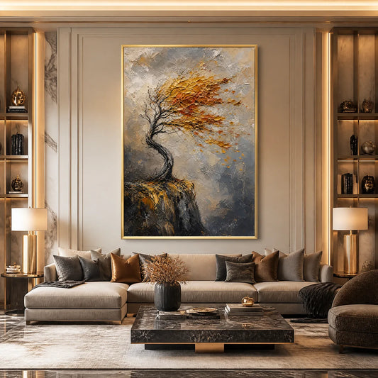 Windfall Tree hand-painted burnt orange, golden yellow and crimson textured tree painting