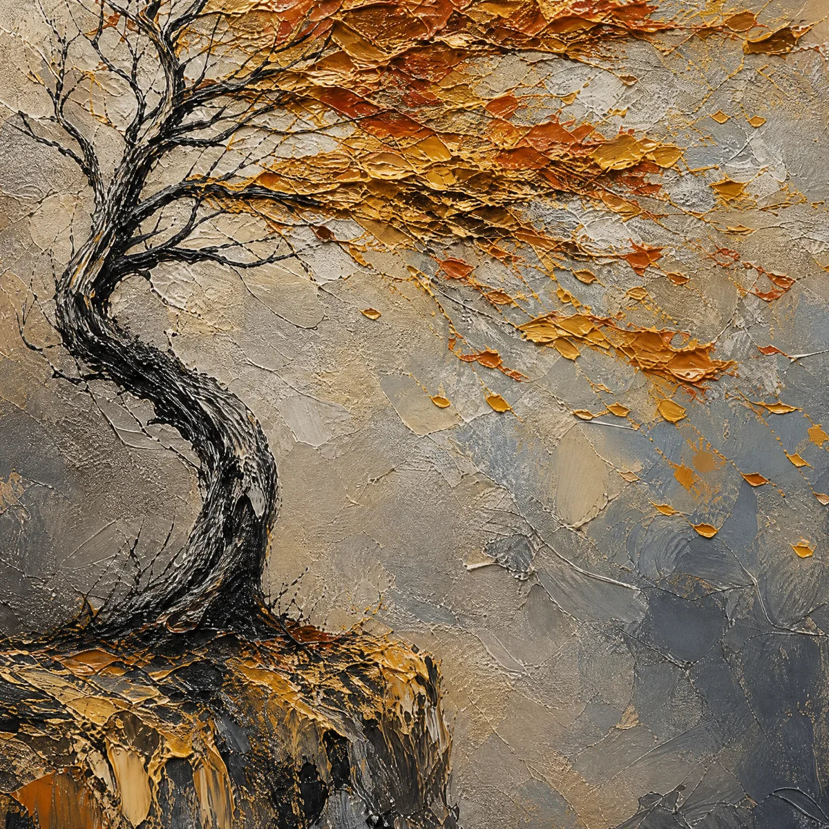 Windfall Tree hand-painted burnt orange, golden yellow and crimson textured tree painting