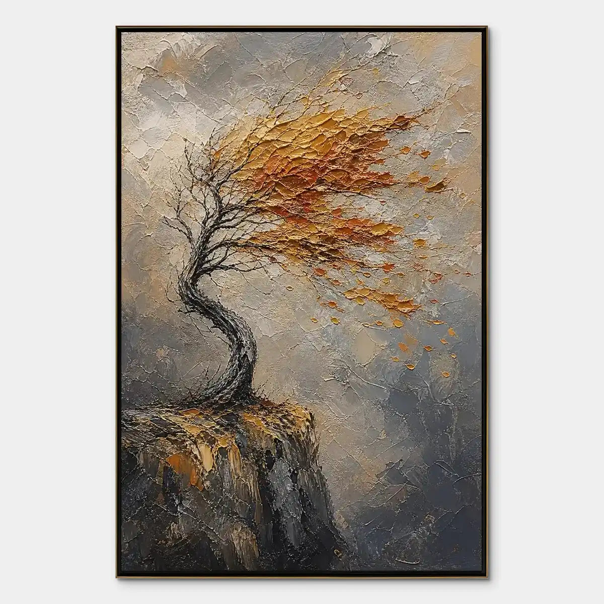 Windfall Tree hand-painted burnt orange, golden yellow and crimson textured tree painting