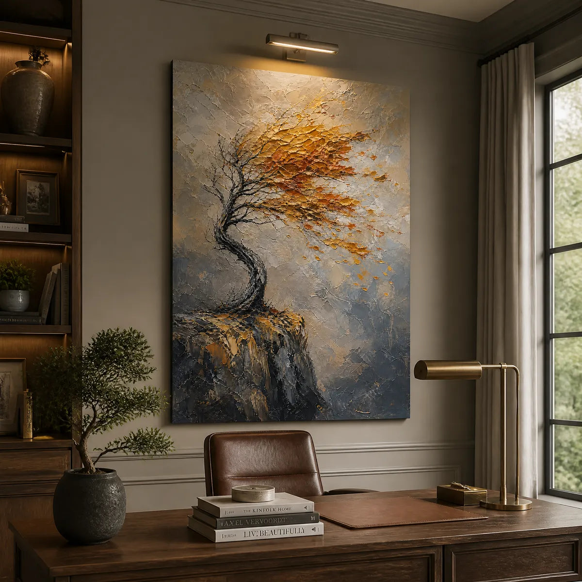Windfall Tree hand-painted burnt orange, golden yellow and crimson textured tree painting
