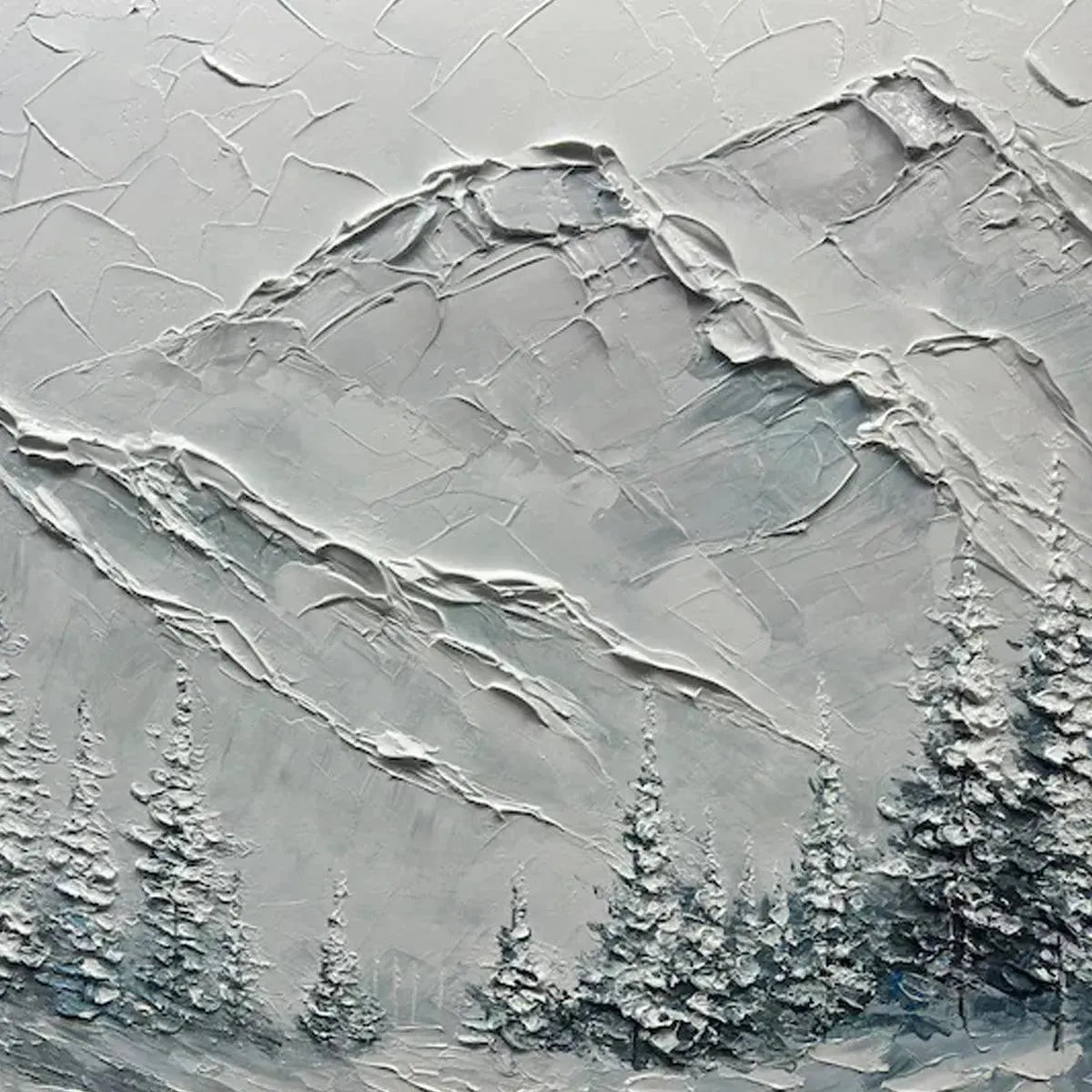 Winter's Embrace hand-painted white, soft grey and slate blue textured mountain landscape painting shown with gold frame