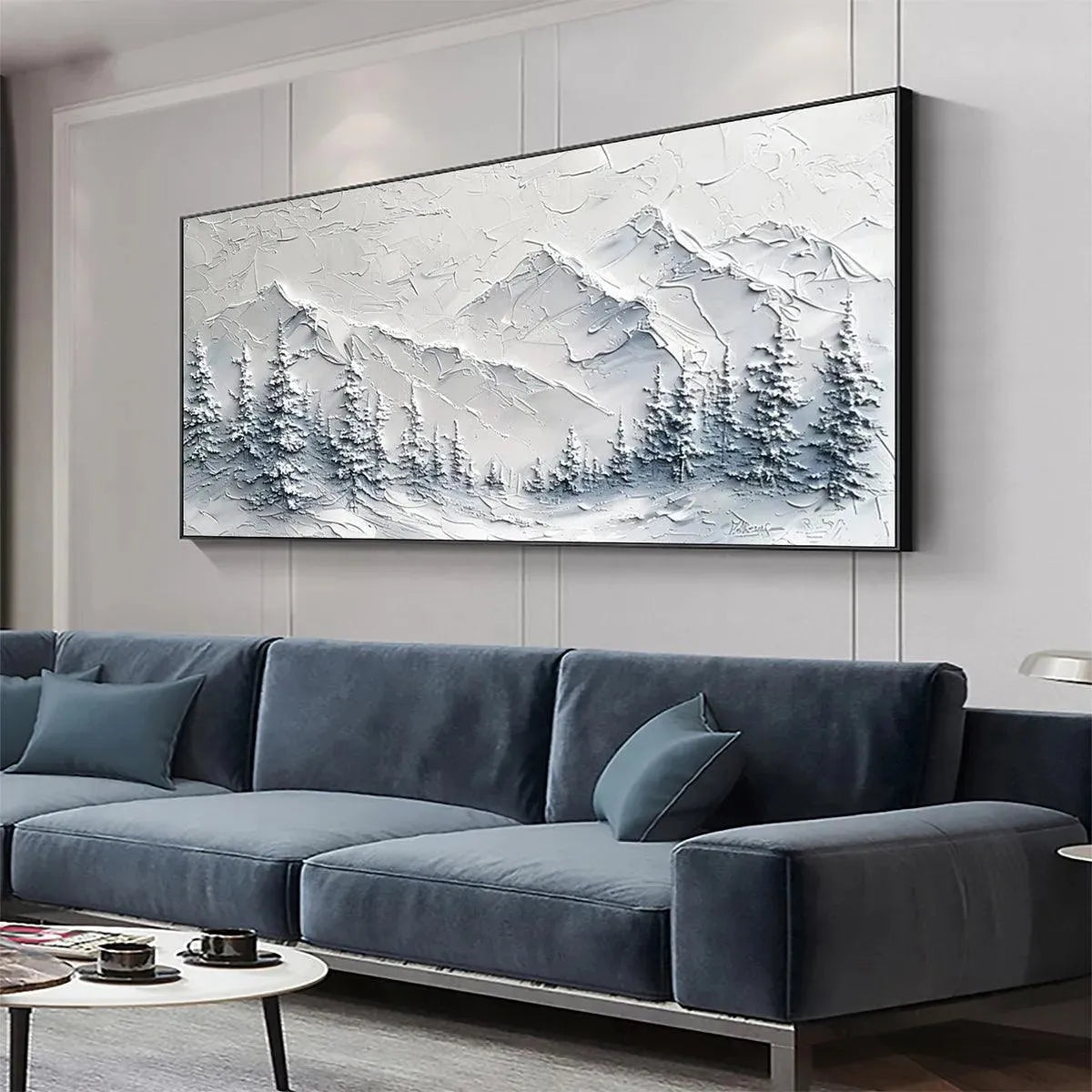 Winter's Embrace hand-painted white, soft grey and slate blue textured mountain landscape painting shown with white frame