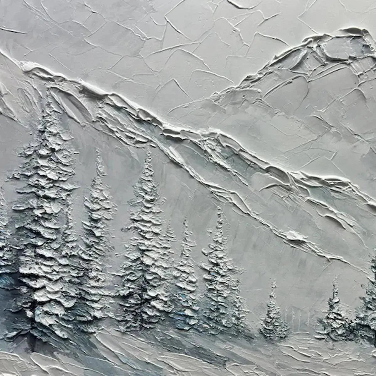 Winter's Embrace hand-painted white, soft grey and slate blue textured mountain landscape painting shown with black frame