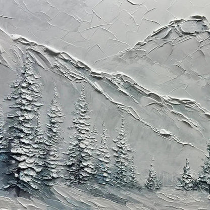 Winter's Embrace hand-painted white, soft grey and slate blue textured mountain landscape painting shown with black frame