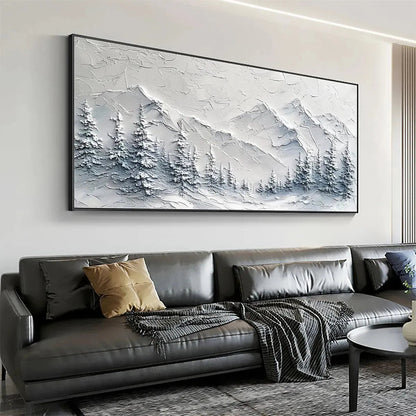 Winter's Embrace hand-painted white, soft grey and slate blue textured mountain landscape painting shown with wood frame