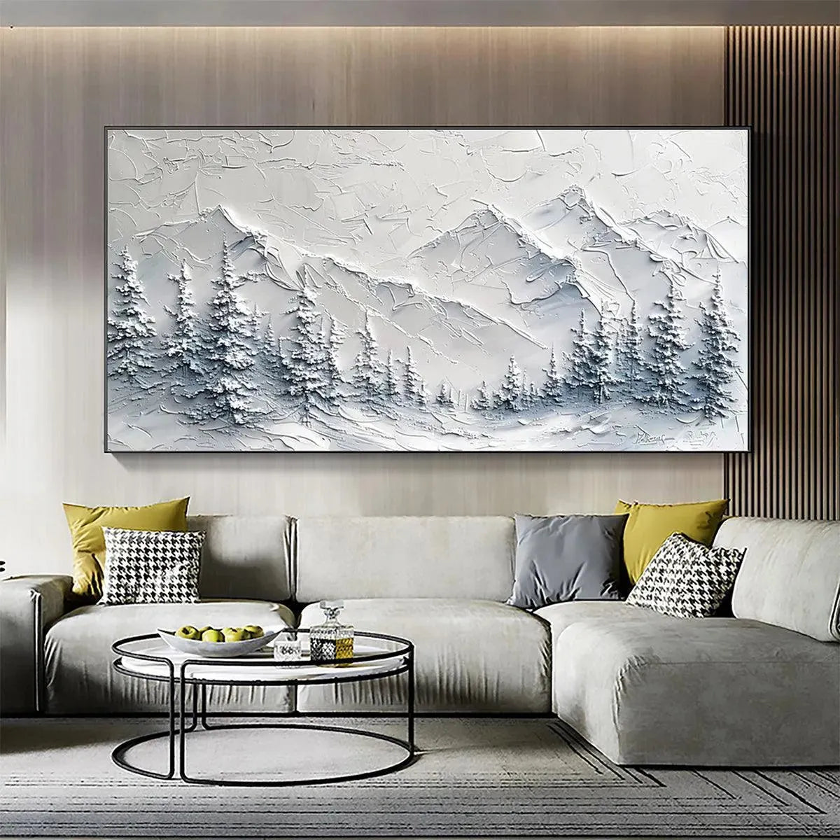 Winter's Embrace hand-painted white, soft grey and slate blue textured mountain landscape painting rolled canvas option