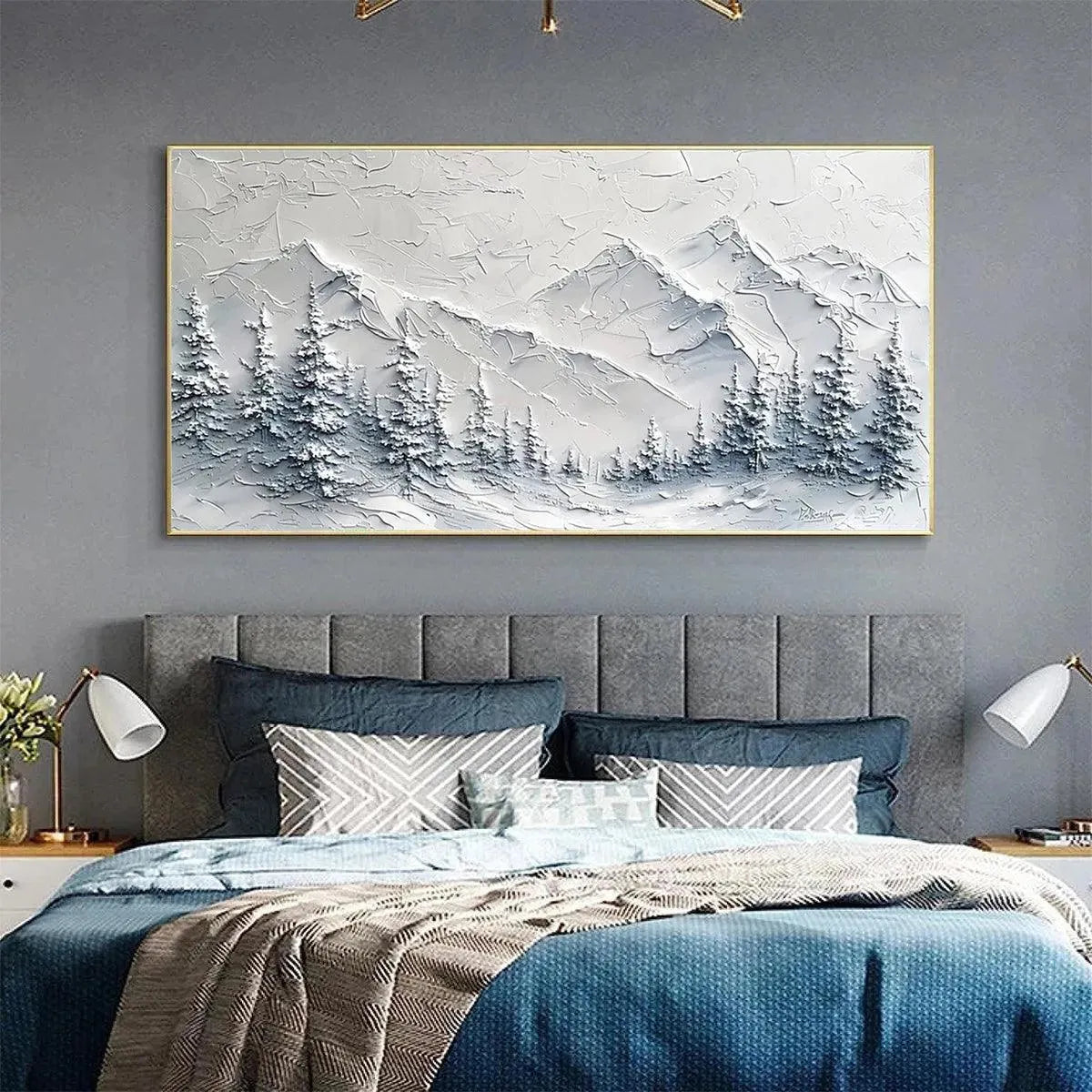 Winter's Embrace hand-painted white, soft grey and slate blue textured mountain landscape painting shown as stretched canvas