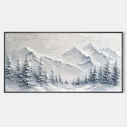 Winter's Embrace hand-painted white, soft grey and slate blue textured mountain landscape painting rolled canvas option