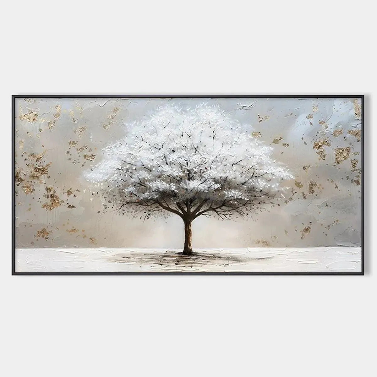 Winter's Grace hand-painted white, beige and gold textured tree painting rolled canvas option