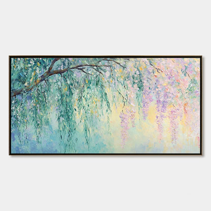 Wisteria Whisper hand-painted blush pink, ivory and soft grey textured blossom tree painting rolled canvas option