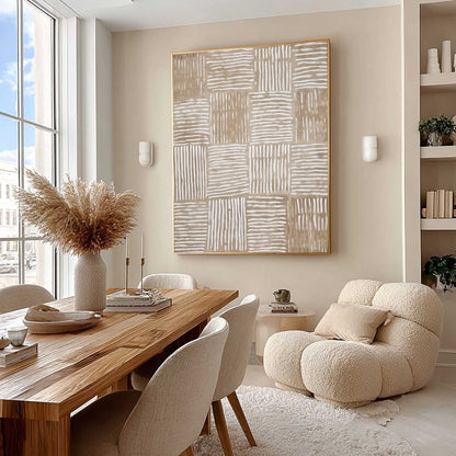 White and Beige Wabi-Sabi Abstract Textured Oil Painting – Woven Rhythm