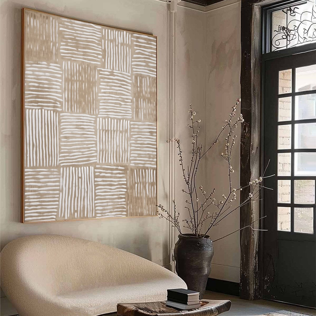 White and Beige Wabi-Sabi Abstract Textured Oil Painting – Woven Rhythm