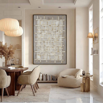 White and Beige Wabi-Sabi Abstract Textured Oil Painting – Woven Tranquility