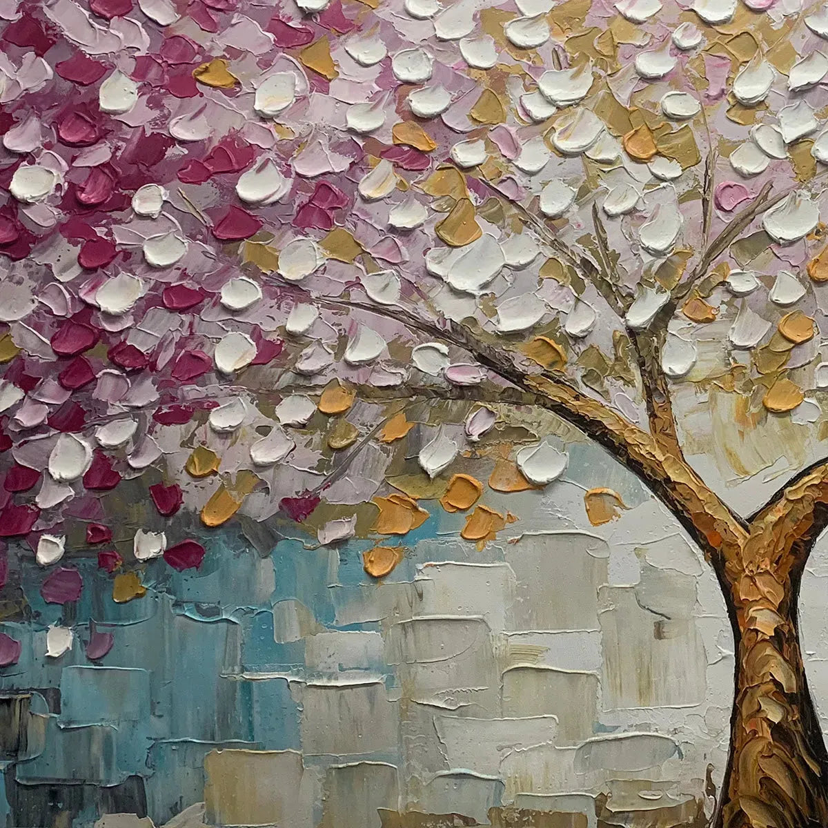 Cherry Blossom Dream hand-painted gold and pink textured blossom tree painting shown with gold frame