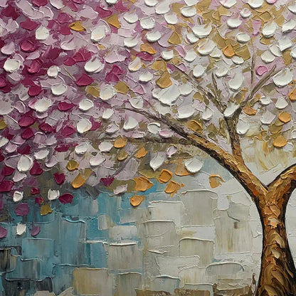 Cherry Blossom Dream hand-painted gold and pink textured blossom tree painting shown with gold frame