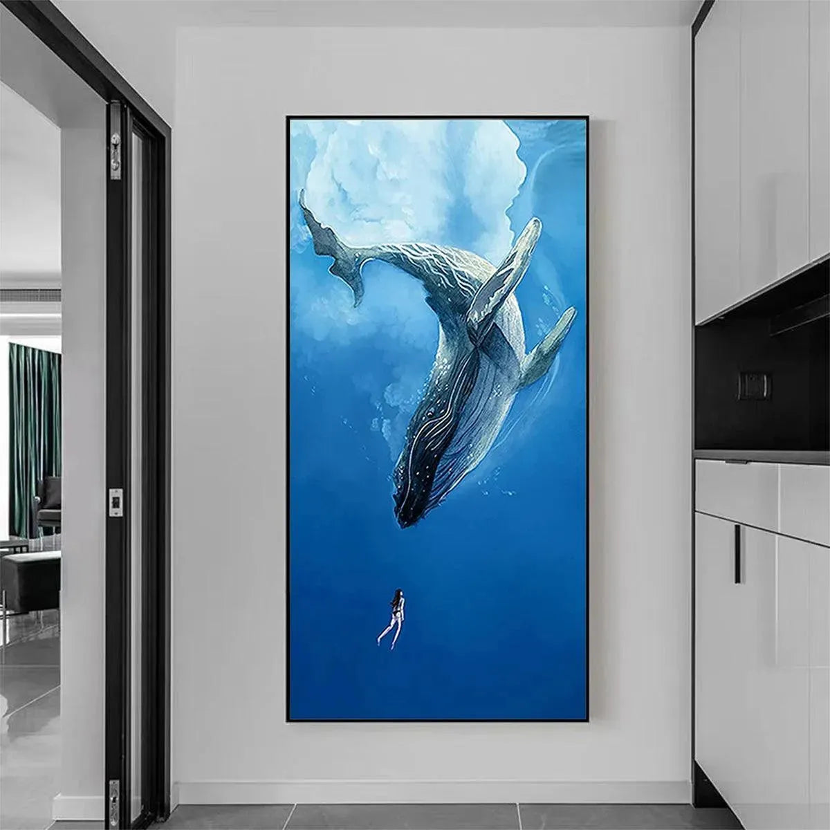Blue Underwater Oil Painting – Whale Encounter