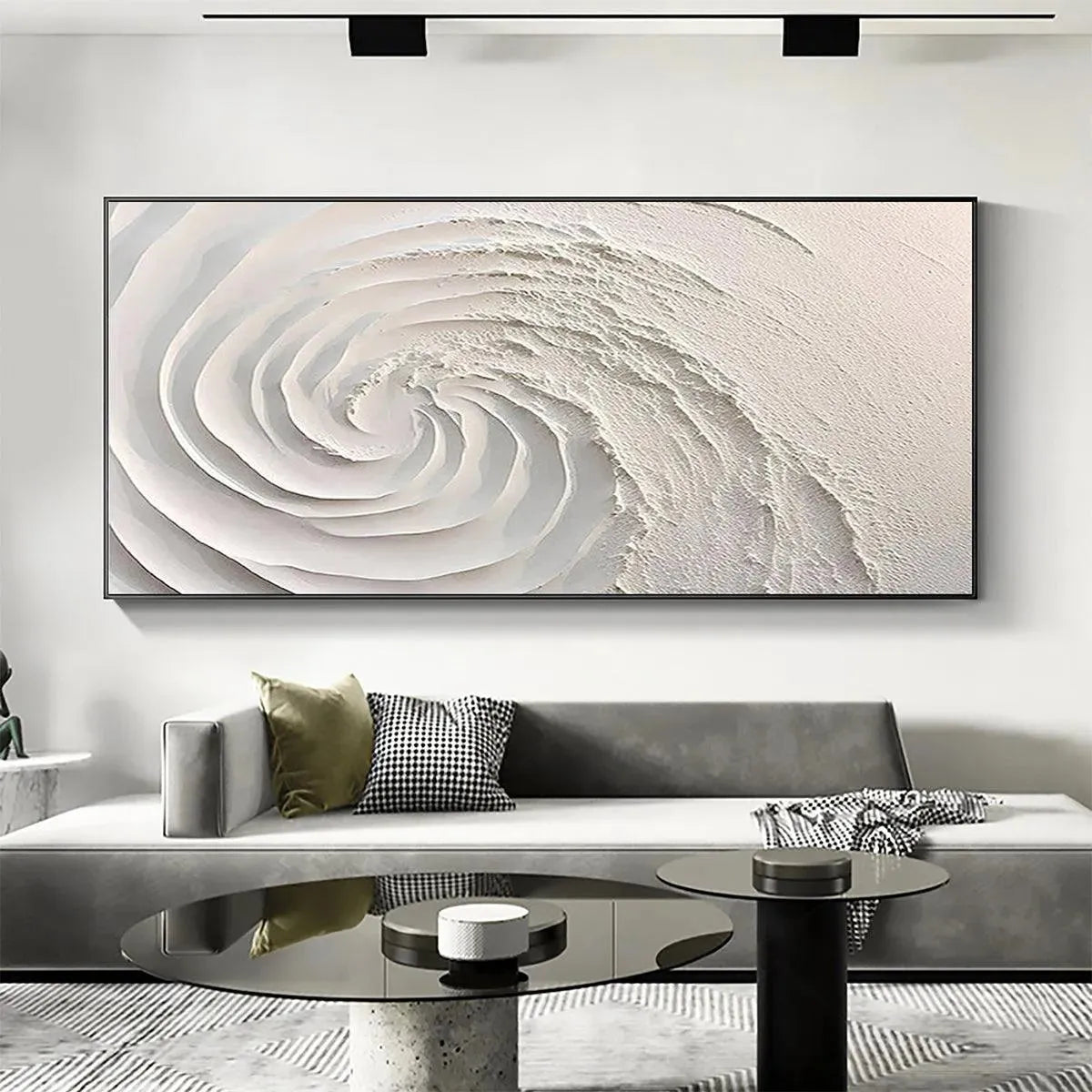 Whirlwind hand-painted white and soft beige textured coastal abstract painting shown as stretched canvas