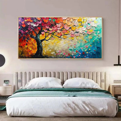 Whispers of Autumn hand-painted crimson, golden yellow, turquoise and violet textured tree painting rolled canvas option