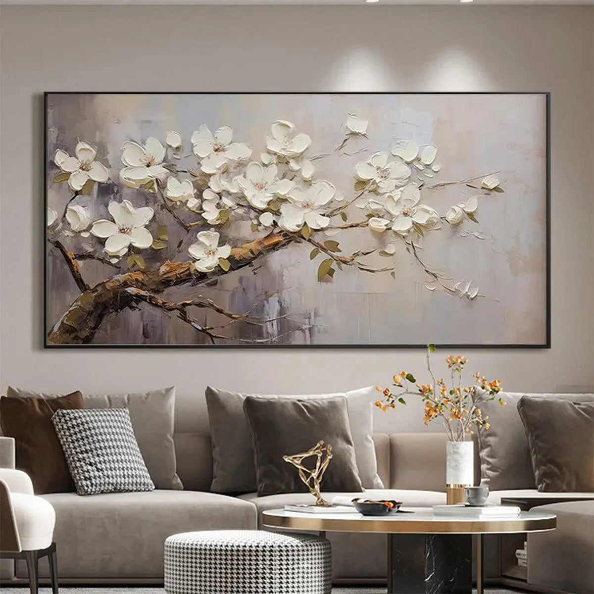 Grey and White Impressionist Floral Textured Painting – White Blossoms