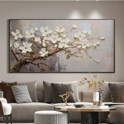 Grey and White Impressionist Floral Textured Painting – White Blossoms