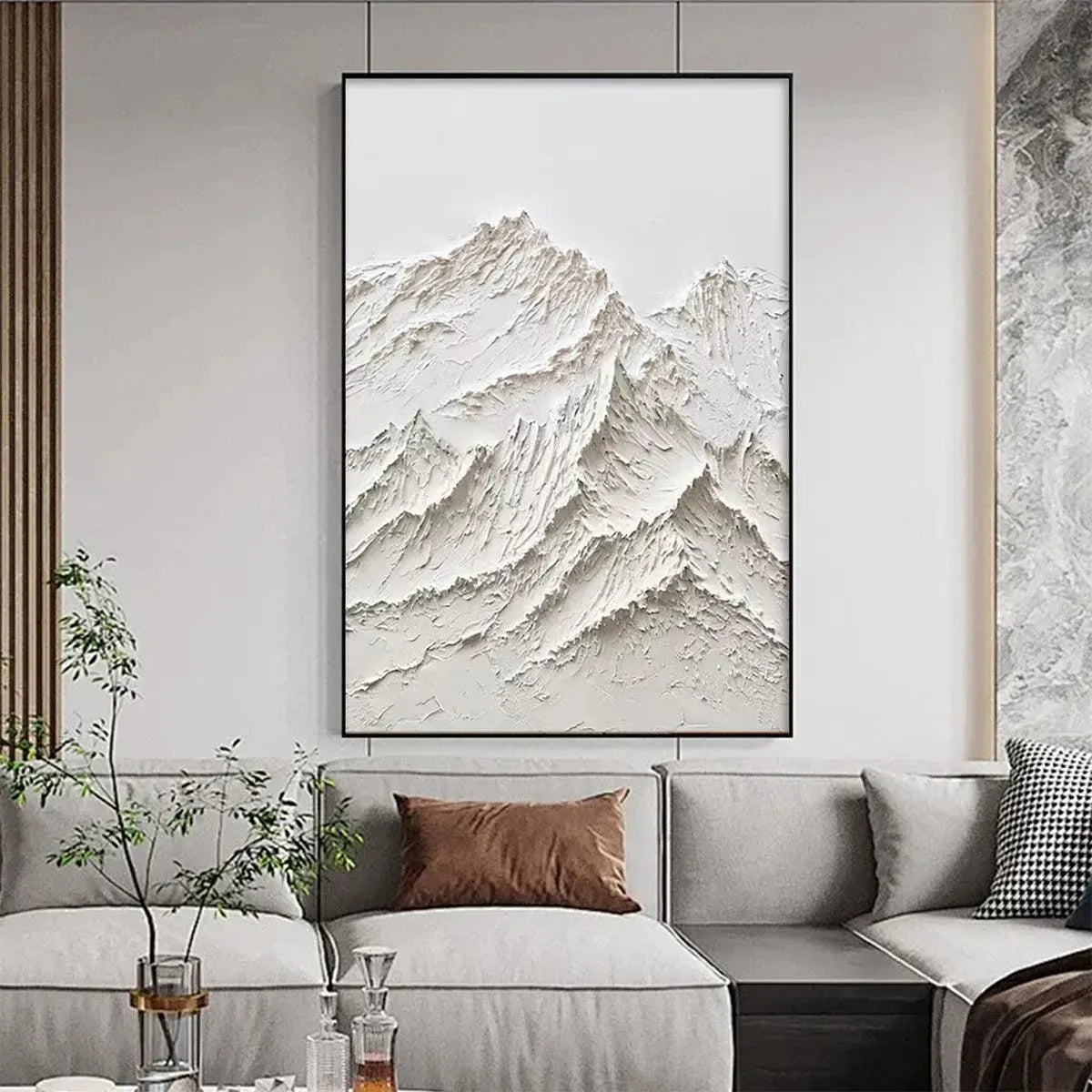 White Mountain hand-painted white and soft beige textured mountain landscape painting shown with silver frame