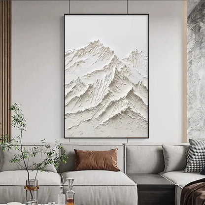 White Mountain hand-painted white and soft beige textured mountain landscape painting shown with silver frame