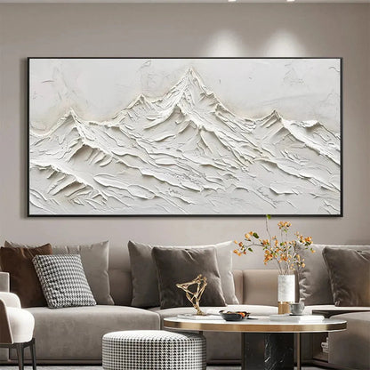 White Mountains hand-painted white and soft beige textured abstract mountain painting shown as stretched canvas