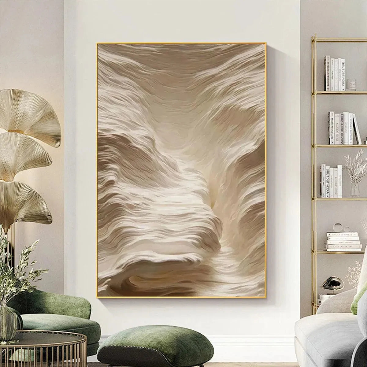 White Sand Dunes hand-painted white and sand textured desert mountain landscape painting shown with silver frame