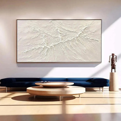 White Sands hand-painted white and soft beige textured coastal abstract painting shown with white frame