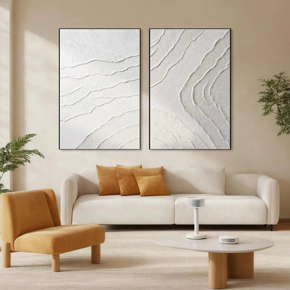 White Textured Lines Diptych – Wabi-Sabi Abstract Oil Painting, view 2