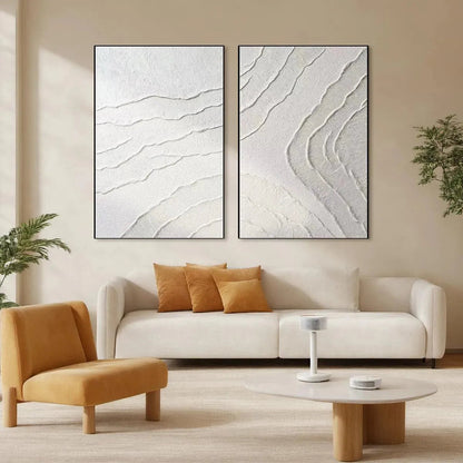 White Textured Lines Diptych – Wabi-Sabi Abstract Oil Painting, view 2