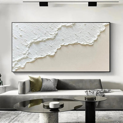 White Wave hand-painted white and beige textured ocean wave painting shown as stretched canvas