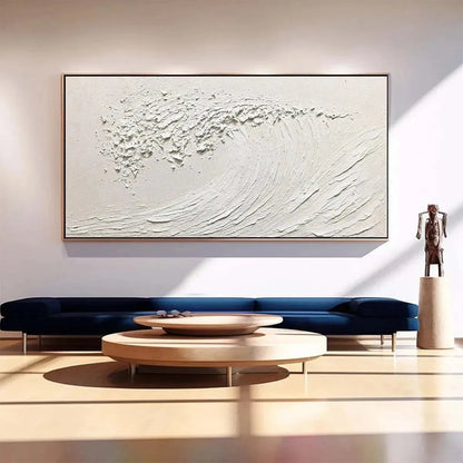 White Wave hand-painted white and soft beige textured ocean wave painting shown as stretched canvas