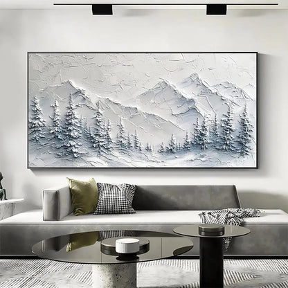 Winter's Embrace hand-painted white, soft grey and slate blue textured mountain landscape painting shown as stretched canvas